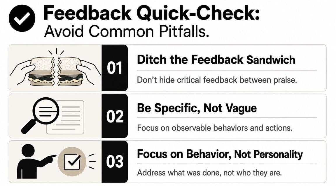 An infographic titled Feedback Quick-Check with three tips for giving effective and professional feedback in the workplace.