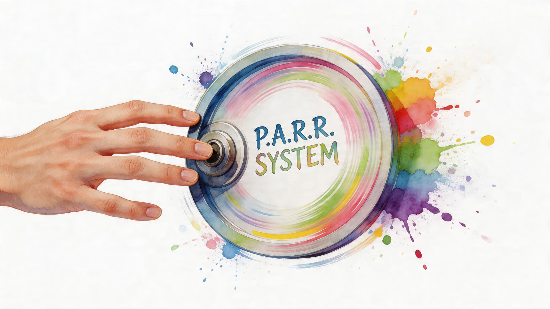 A hand pressing a circular P.A.R.R. SYSTEM button on a colorful, abstract watercolor background illustration.