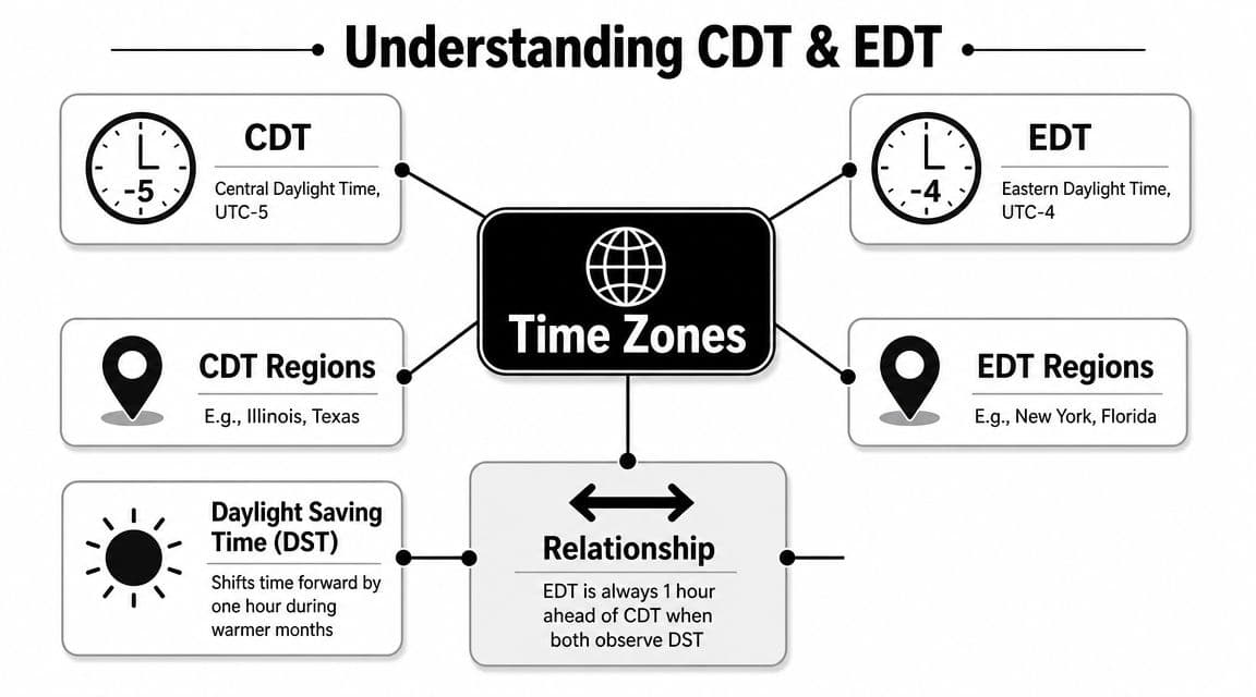 A diagram explaining the time difference and relationship between Central Daylight Time and Eastern Daylight Time.