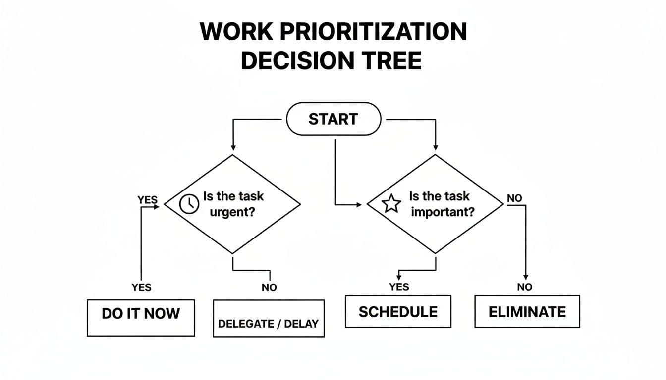 Work prioritization decision tree flowchart guiding task management based on urgency and importance.