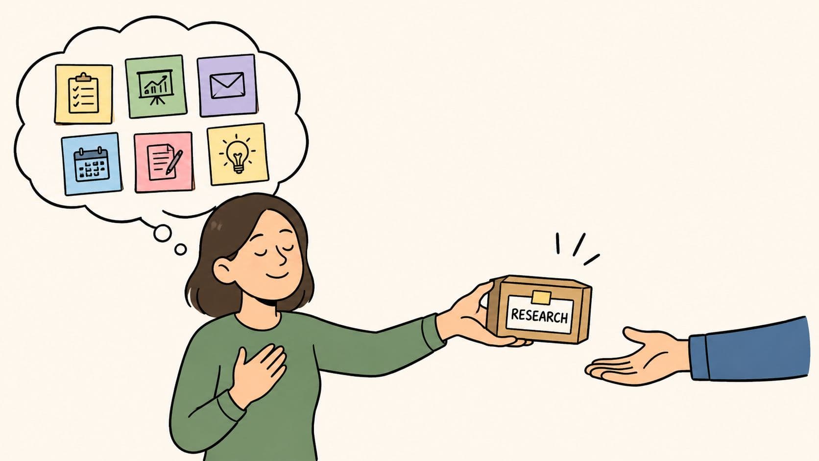 A woman offering a research box to another person while thinking about various productivity and task icons.
