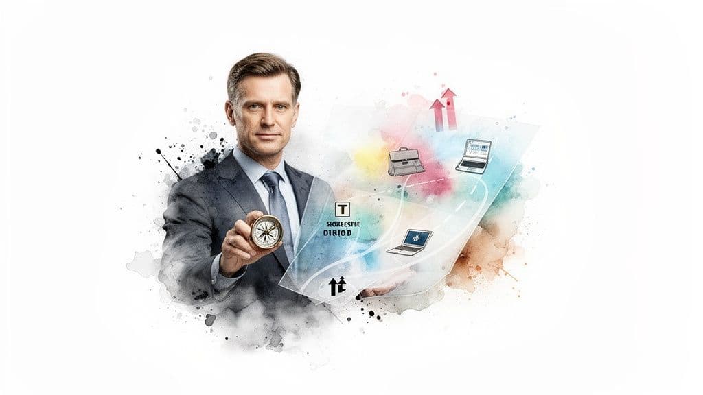 A professional man in a suit holds a compass, guiding a transparent map with business growth elements.