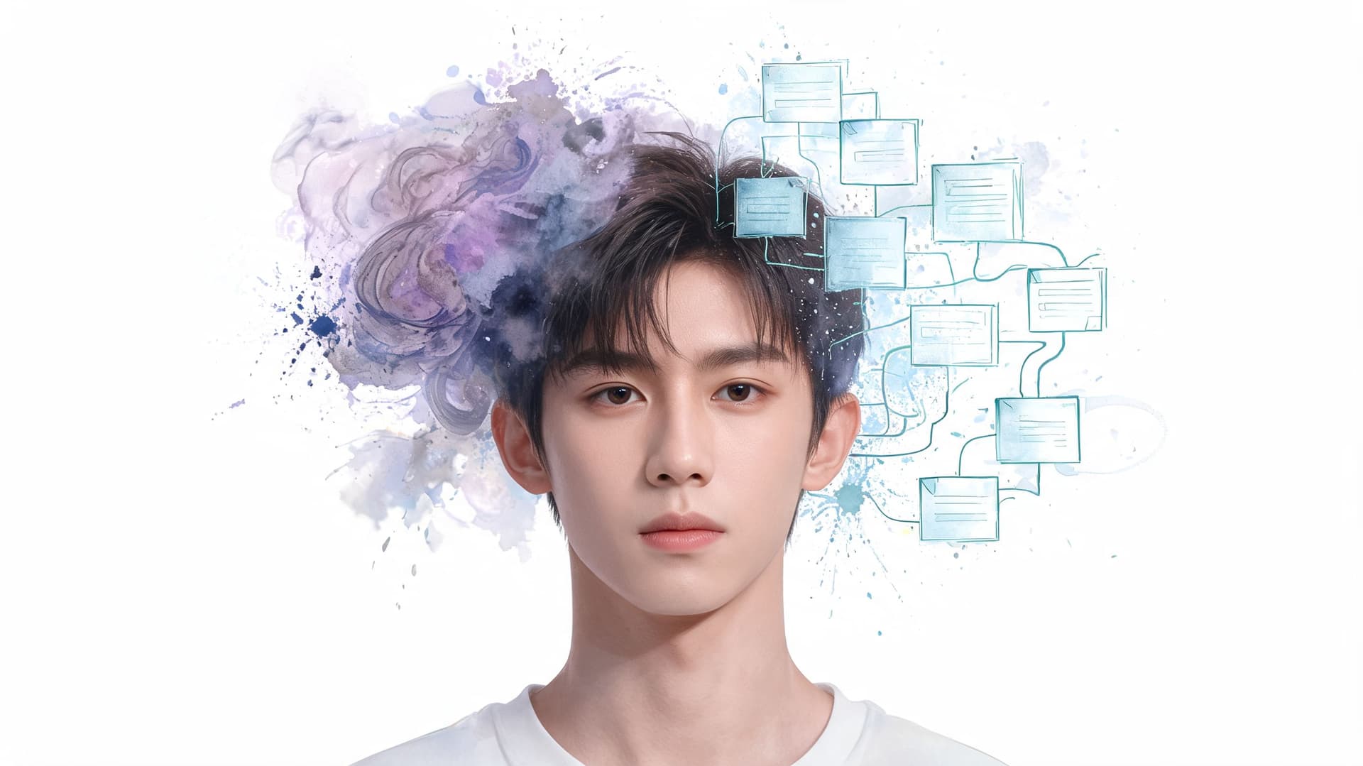 A young man with creative thoughts represented by a colorful watercolor splash and project management workflow diagrams.