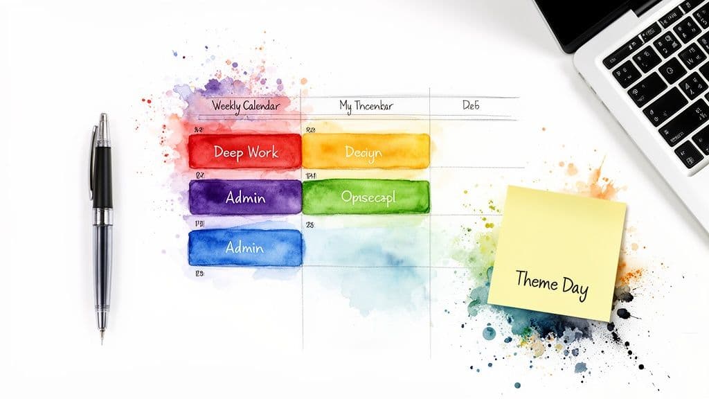 A watercolor weekly calendar with colorful task blocks, a pen, laptop, and a "Theme Day" sticky note.