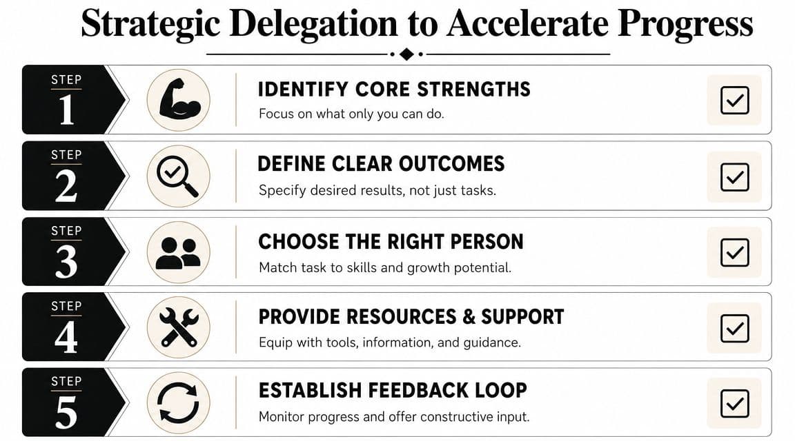 A five-step infographic titled Strategic Delegation to Accelerate Progress illustrating how to delegate tasks effectively.