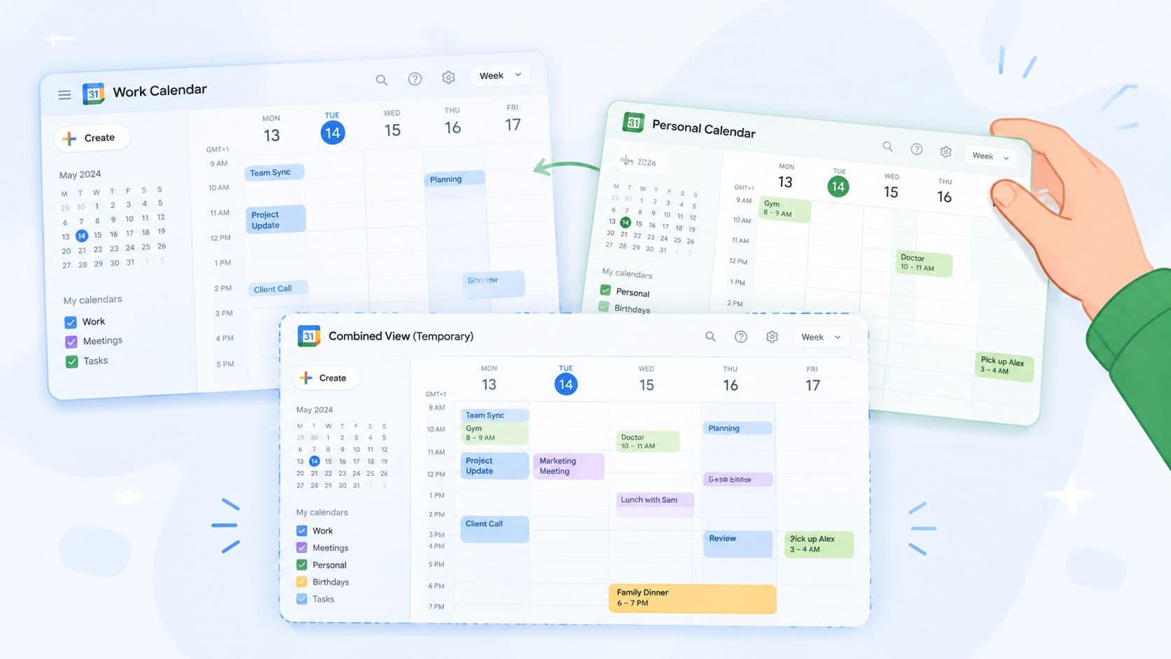 Three Google Calendar interfaces representing separate work and personal calendars merged into a single combined view.