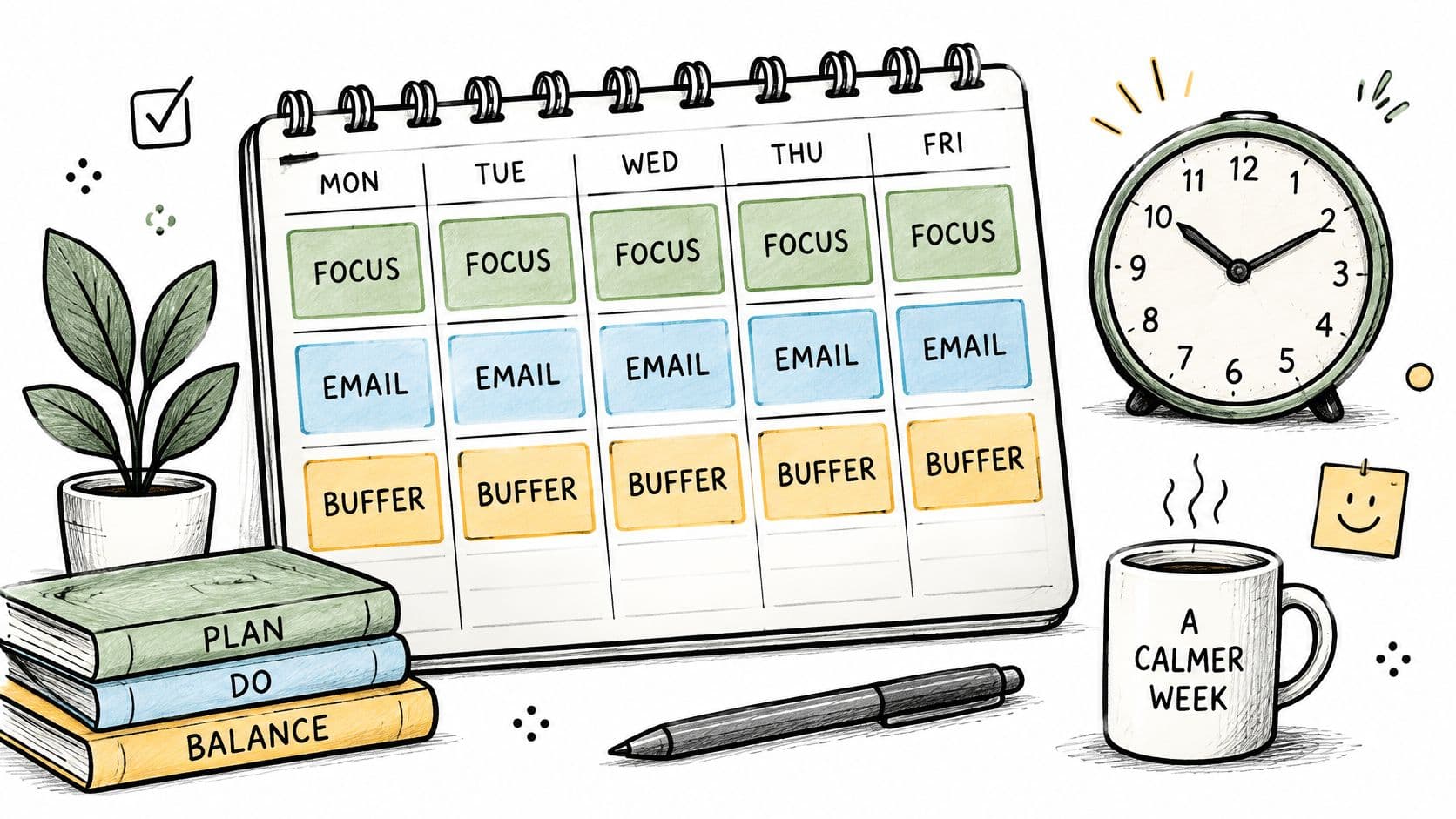 A sketched illustration showing a weekly calendar with tasks, a clock, books, and coffee on a desk.