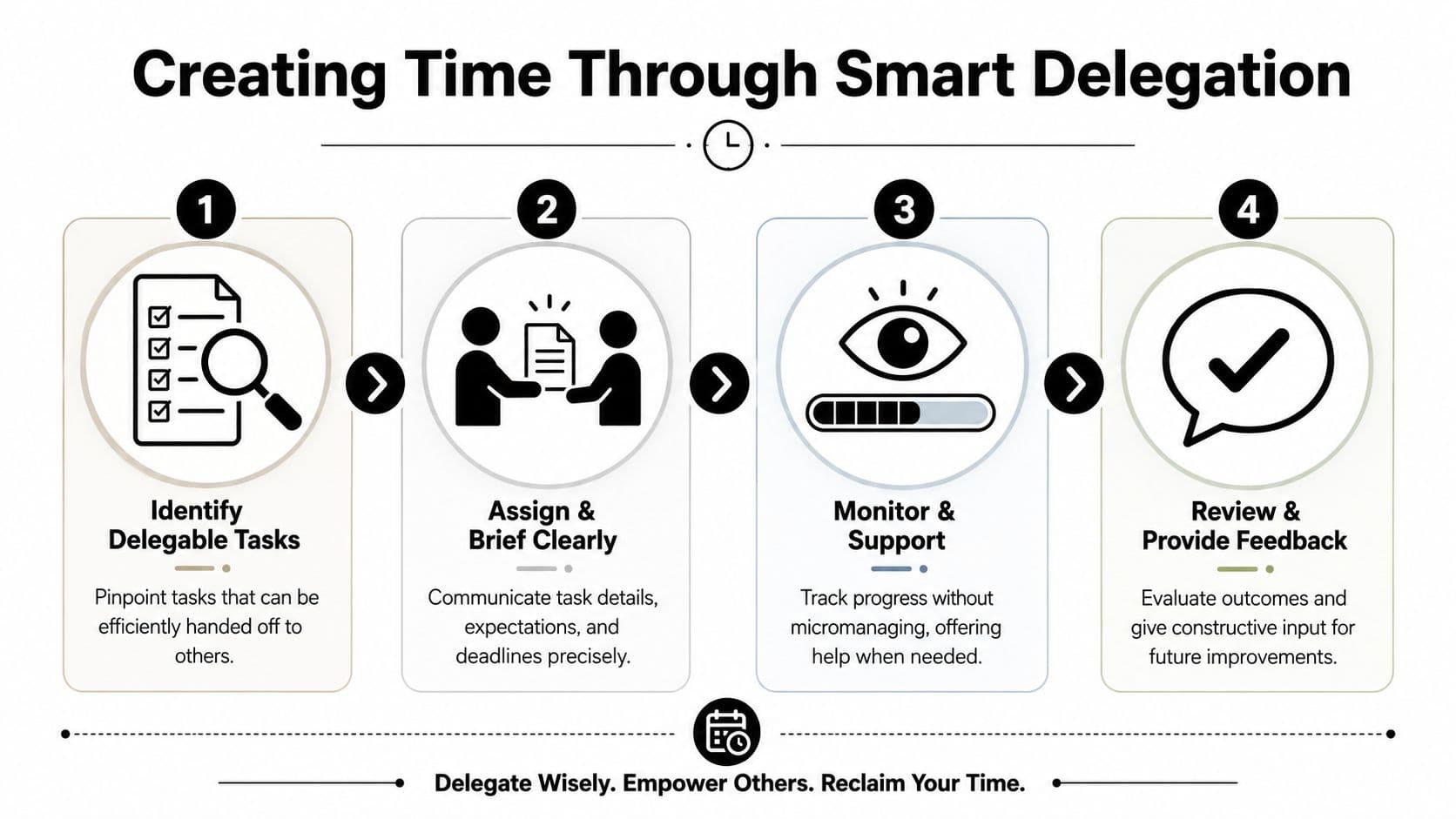 A four-step infographic illustrating the smart delegation process to improve productivity and time management.