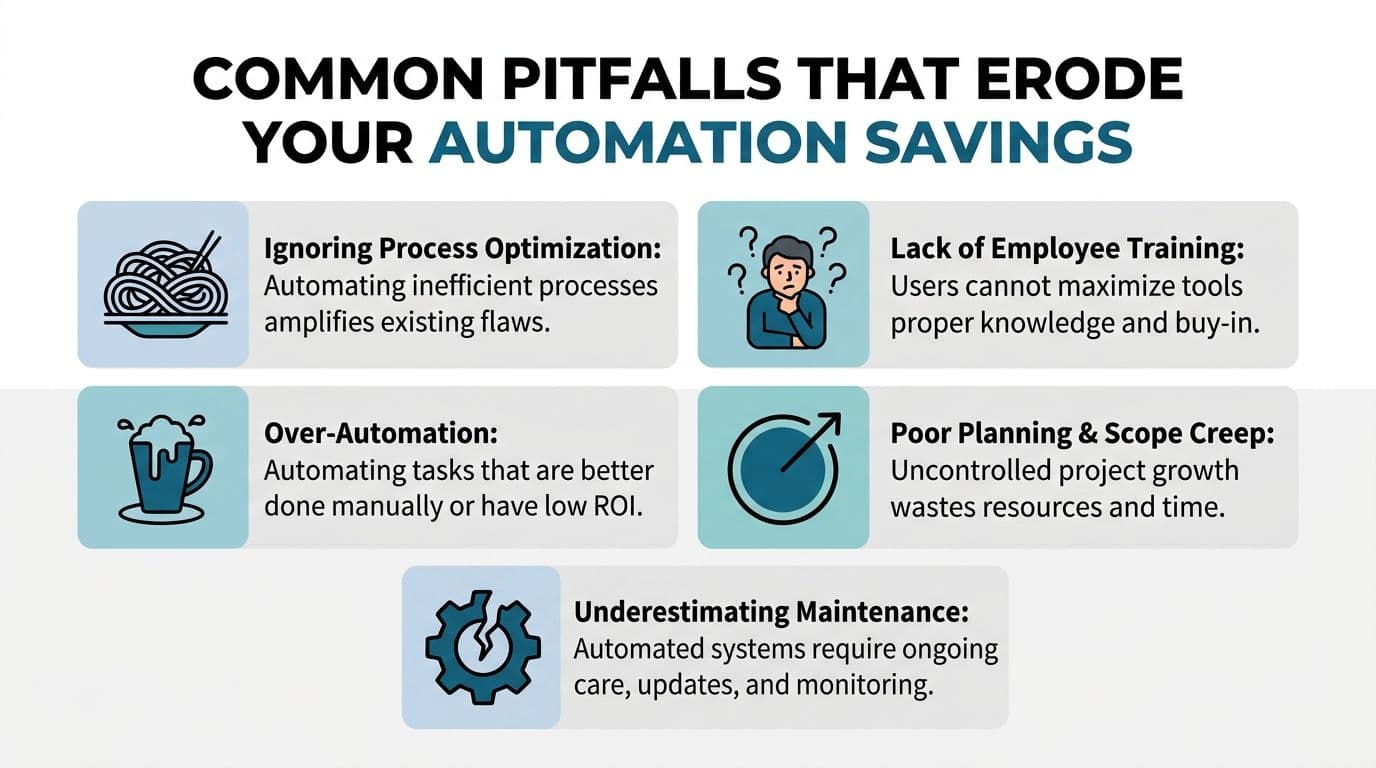 A graphic listing five common pitfalls that erode automation savings, including poor planning and lack of training.