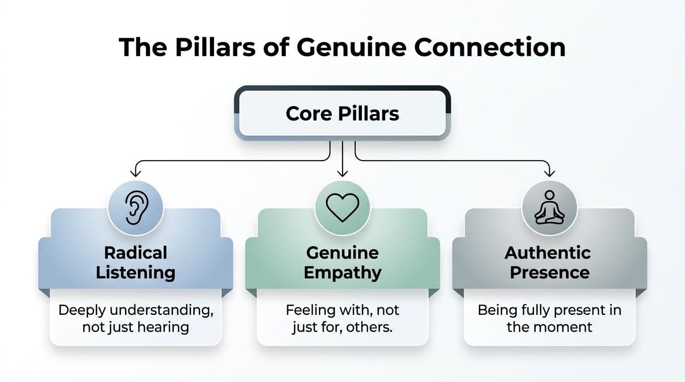 A diagram titled The Pillars of Genuine Connection showing Radical Listening, Genuine Empathy, and Authentic Presence.