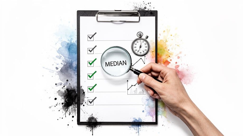Hand with magnifying glass examining 'MEDIAN' on a checklist, stopwatch, and trend graph with watercolor splashes.