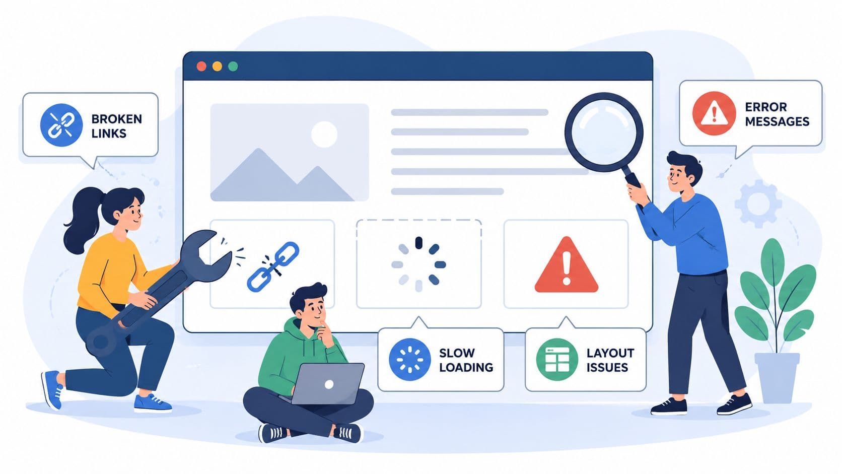 A team of developers working together to troubleshoot website errors and fix various technical issues on screen.