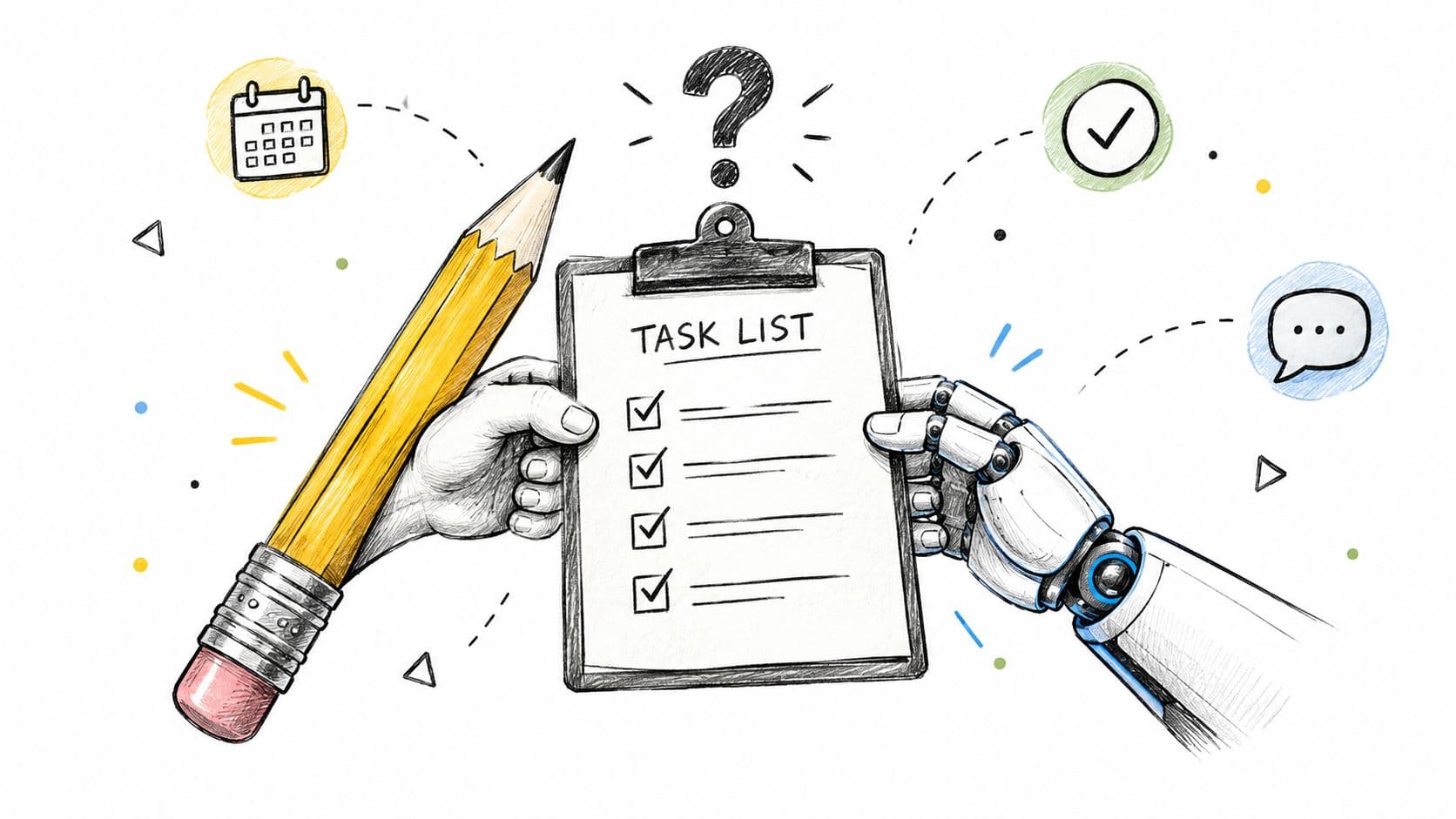 A hand and a robot hand holding a clipboard together, representing collaborative task management and automation.