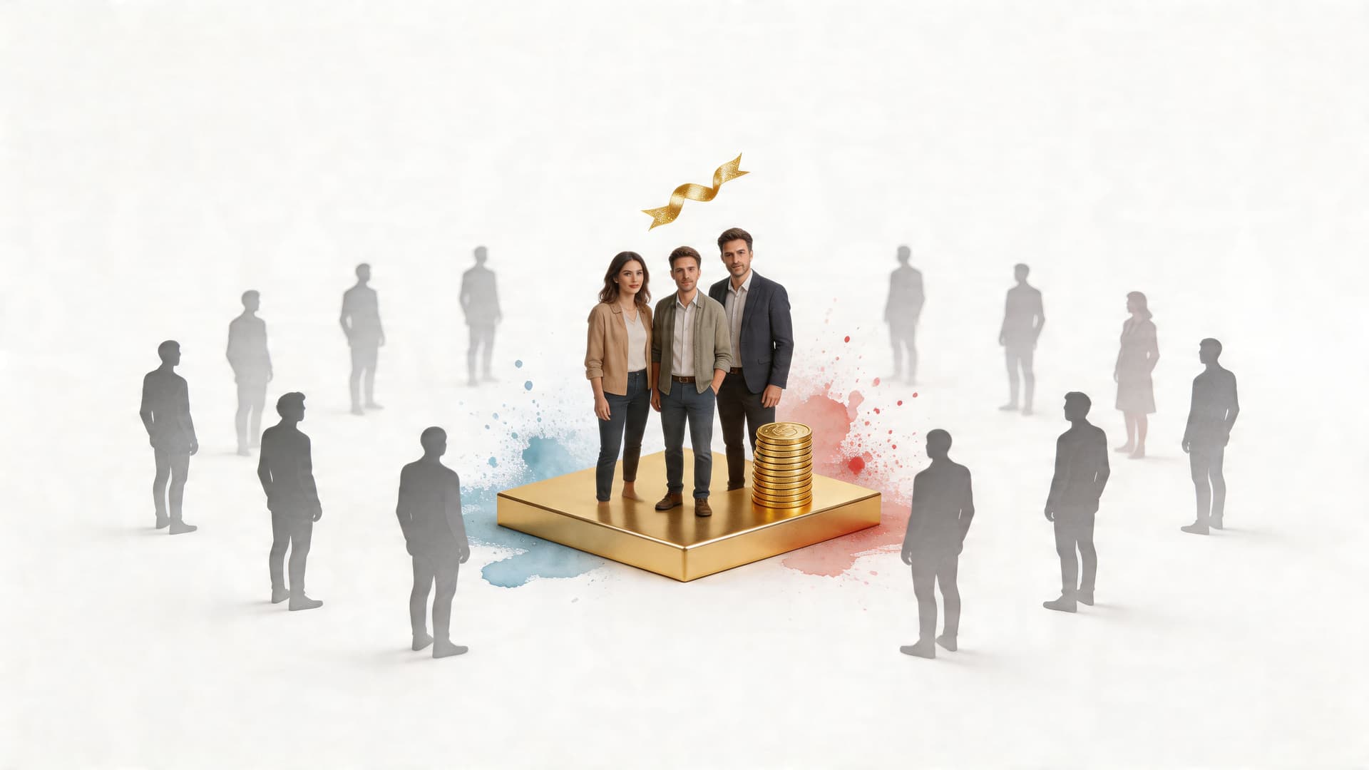 Three people stand on a golden platform surrounded by silhouettes, representing Pareto principle concepts and financial success.