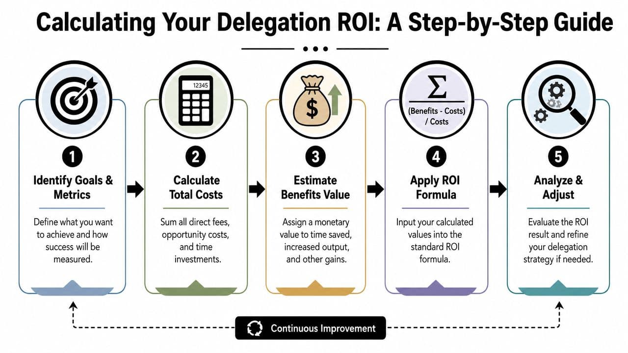 A step-by-step guide on how to calculate the return on investment for delegating business tasks.