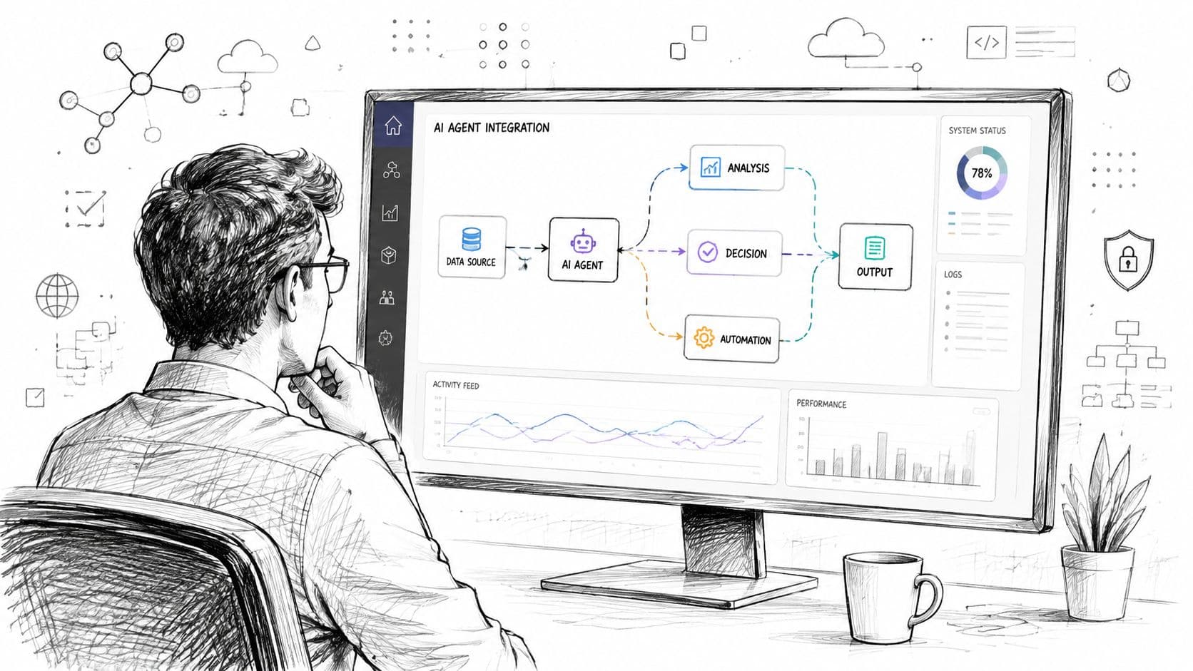 A professional analyzing AI agent integration workflows and performance metrics on a computer monitor in a workspace.