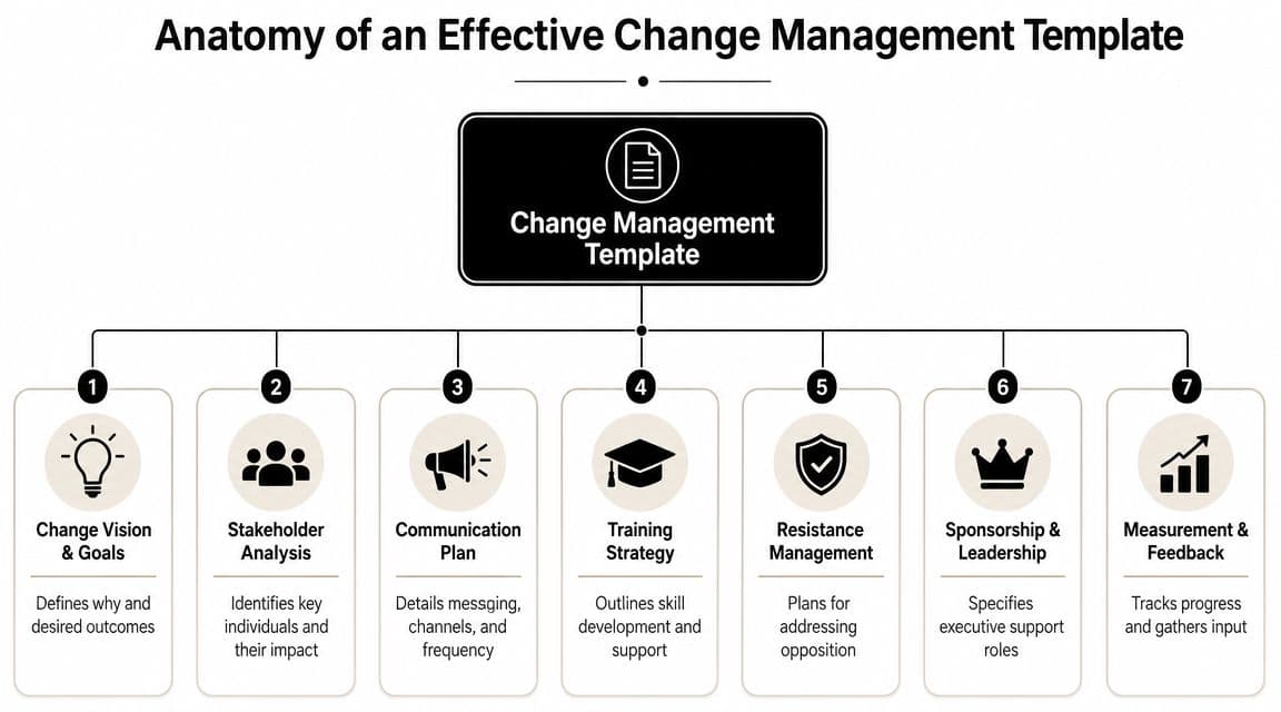 A diagram outlining the seven key components of an effective change management plan template for organizations.