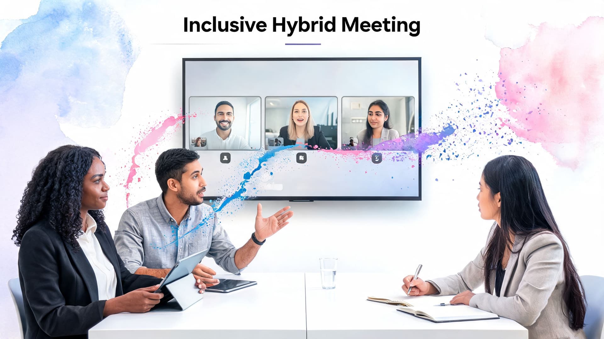 A diverse group of professionals holding an inclusive hybrid meeting with remote colleagues on a large screen.
