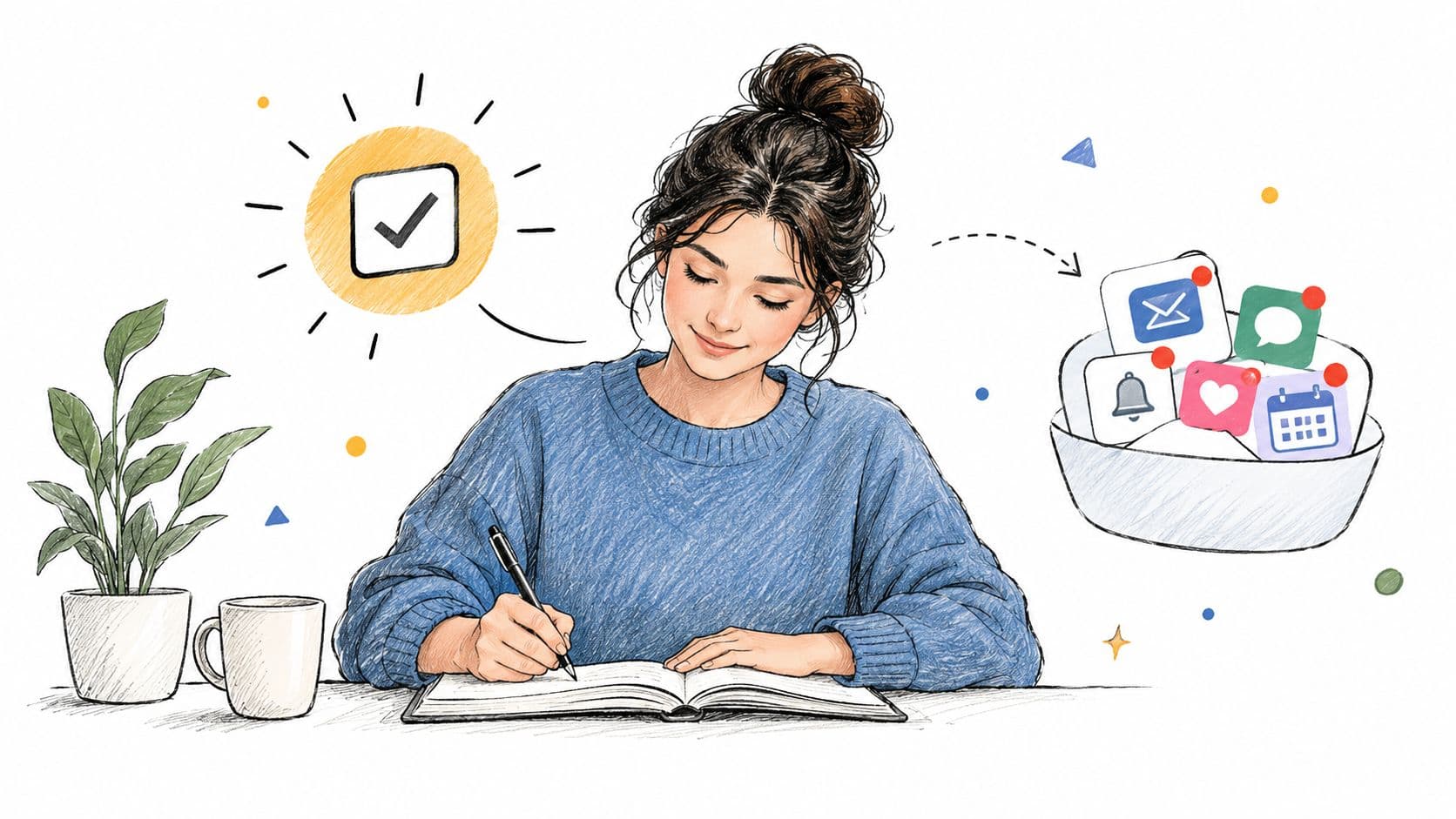 A woman sketching in a notebook, symbolizing focus while managing digital task notifications in a bowl.