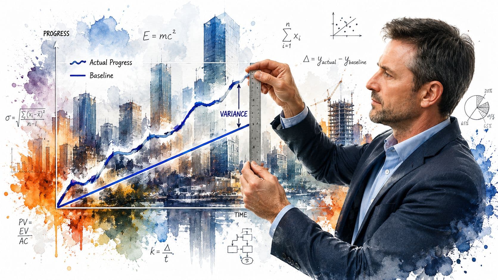 A professional man holding a ruler against a graph showing project progress versus the baseline.