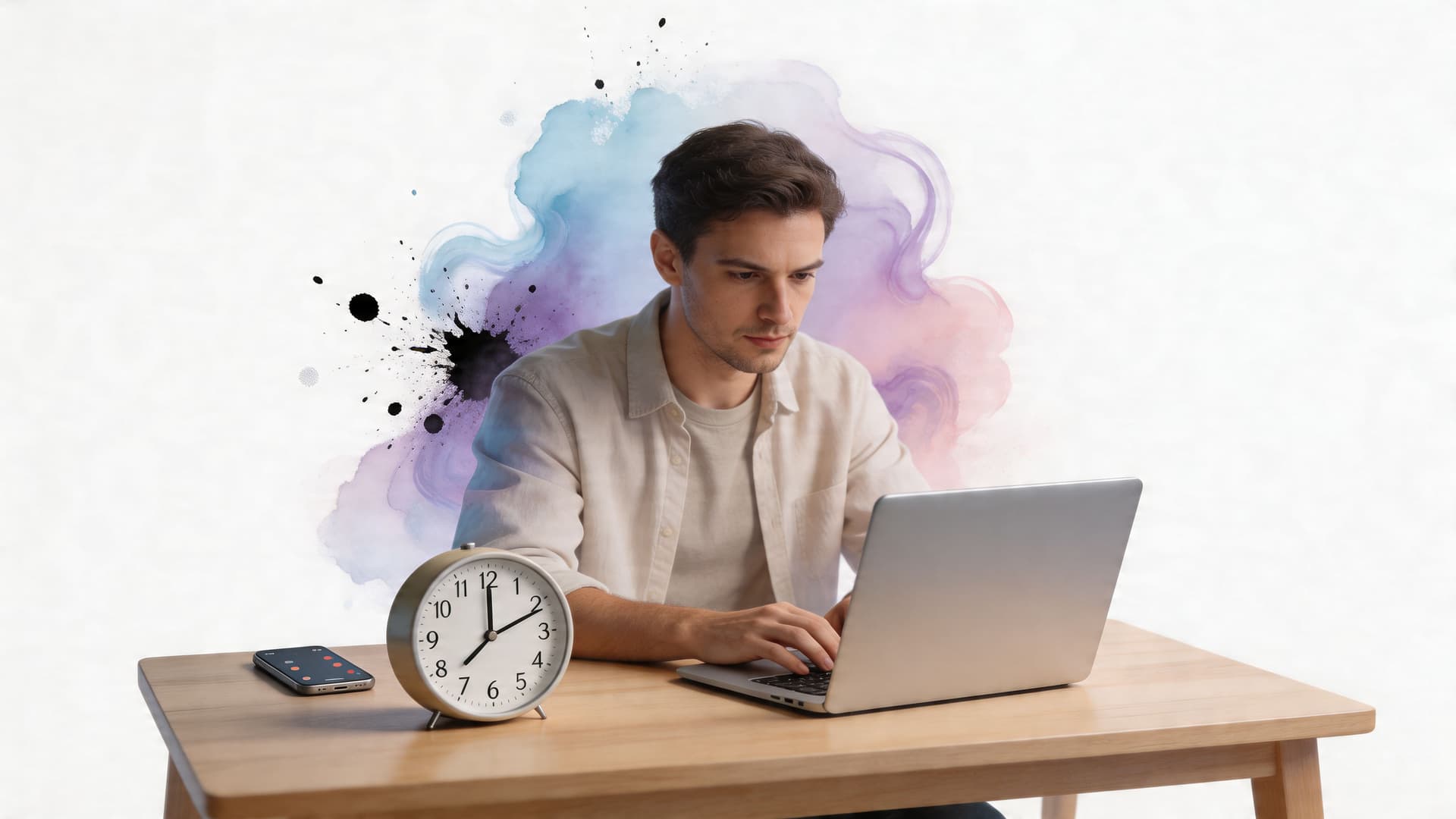 A focused man working on his laptop at a wooden desk with an analog clock and smartphone.