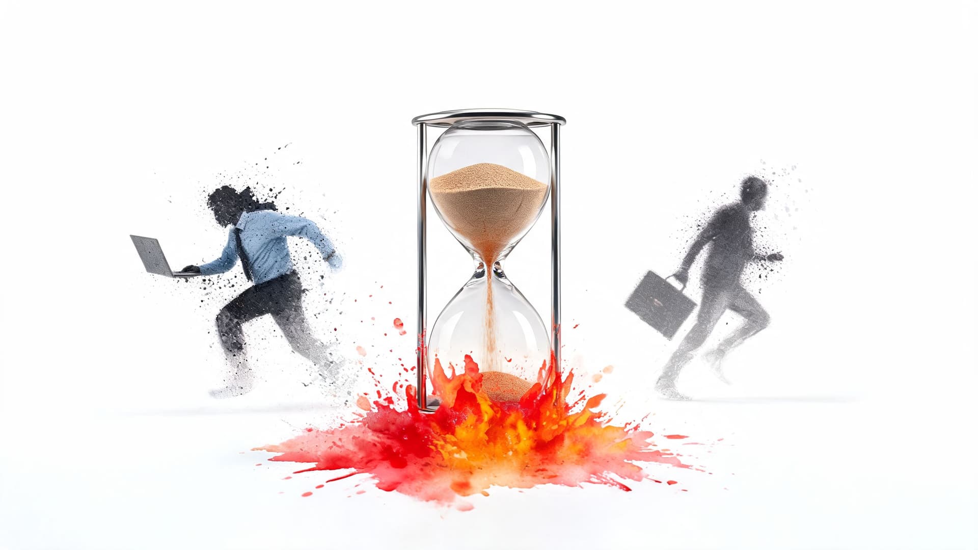 An hourglass sits on a fiery explosion with business people running on either side of it.