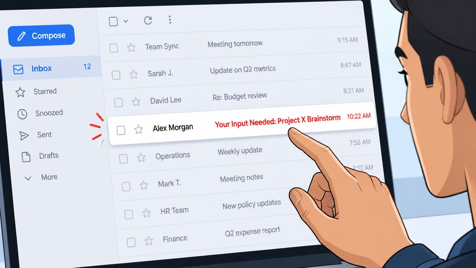 A digital illustration of a person reaching out to click on an email notification on screen.