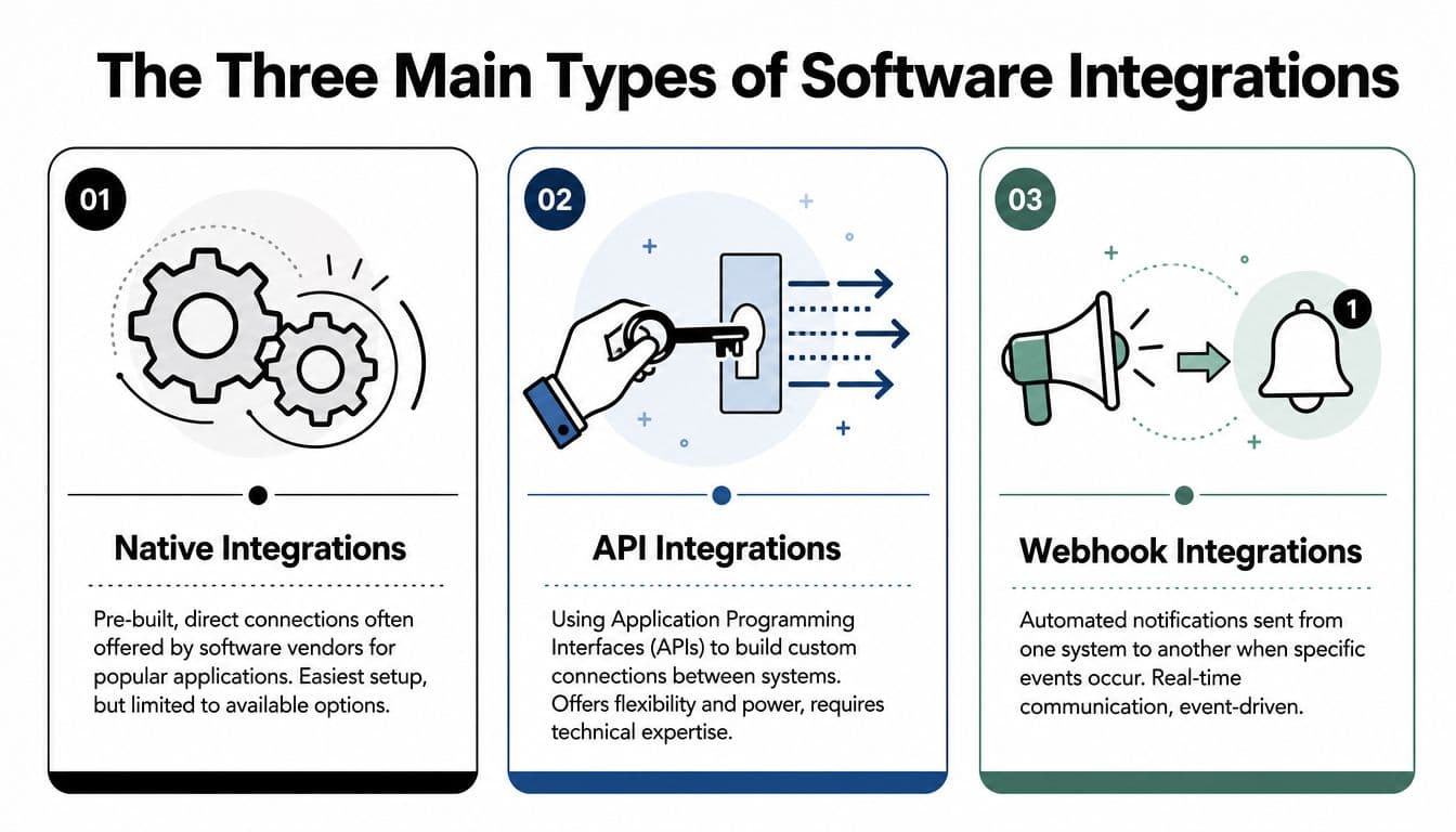 A graphic illustration detailing the three main types of software integrations: native, API, and webhook.
