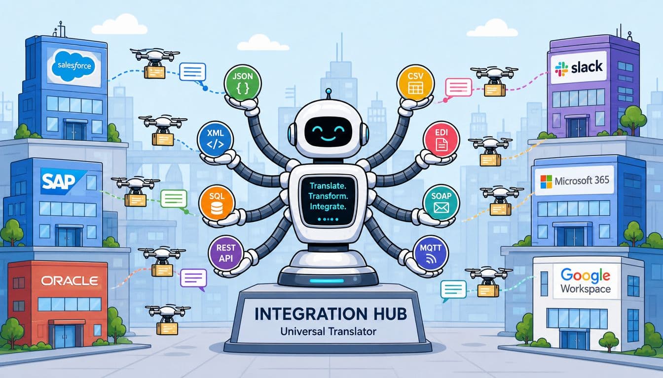 A robot acting as an integration hub transferring data between various enterprise software applications using drones.