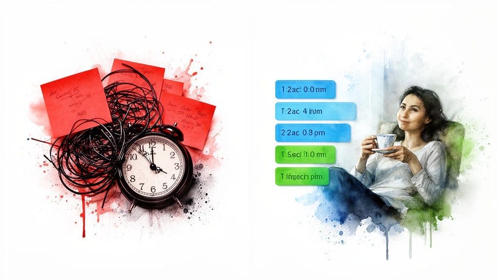 An alarm clock with tangled wires and red sticky notes contrasting with a relaxed woman holding a teacup, illustrating time management.