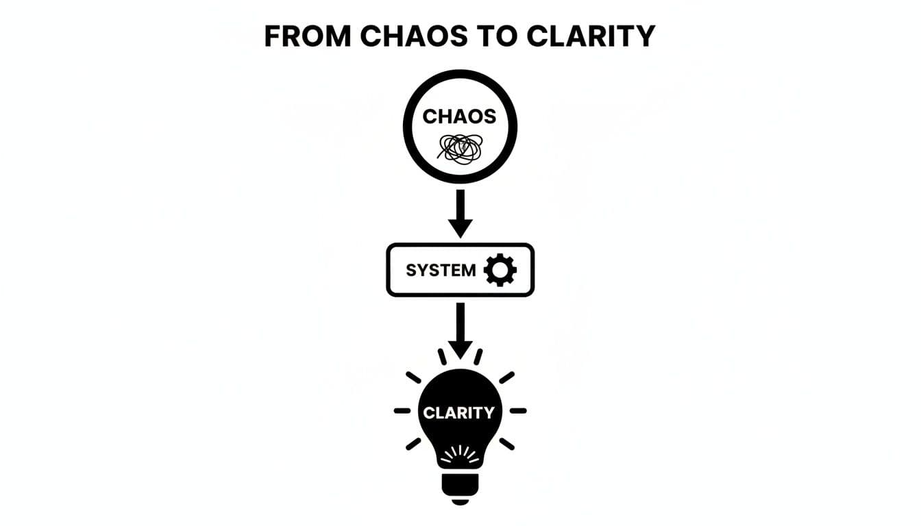 Diagram illustrating the transformation from chaos to clarity using a system.