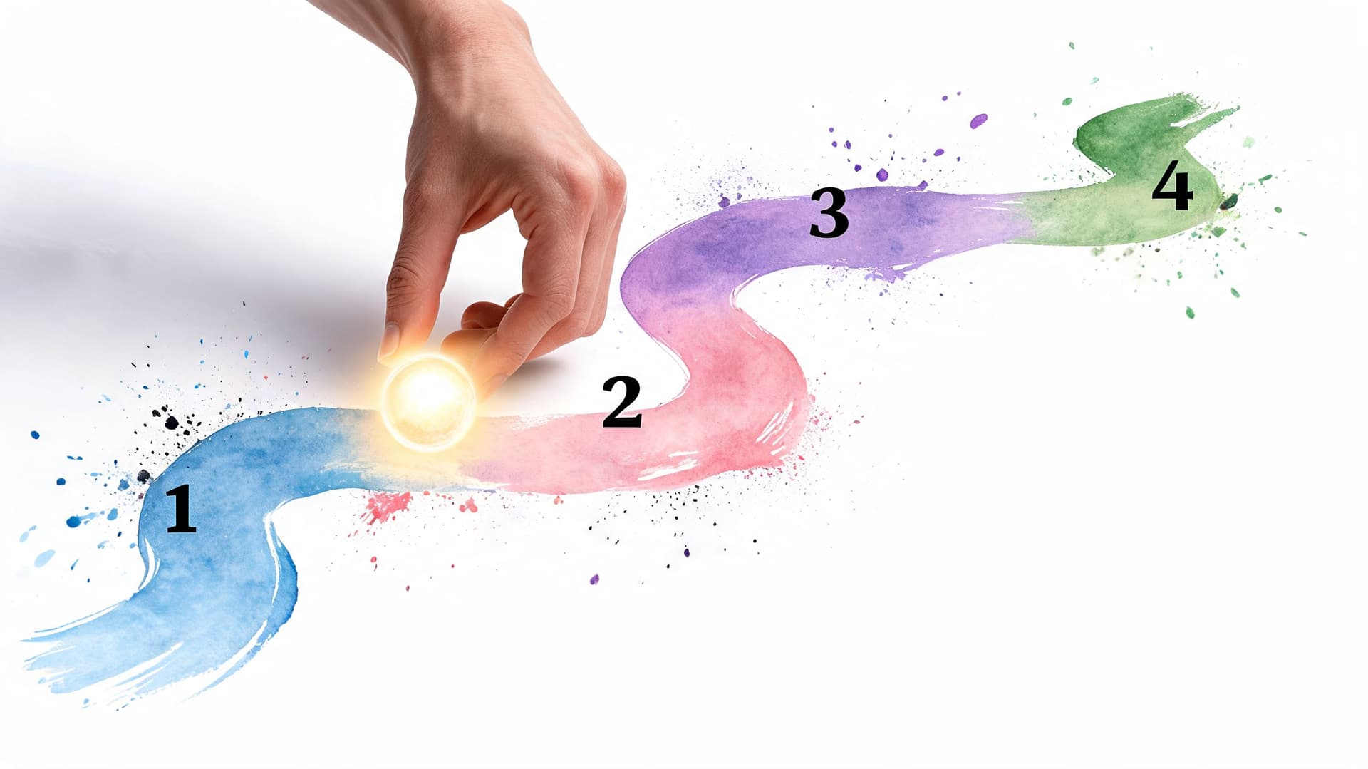 A hand placing a glowing sphere onto a colorful watercolor path with numbered steps representing progression.