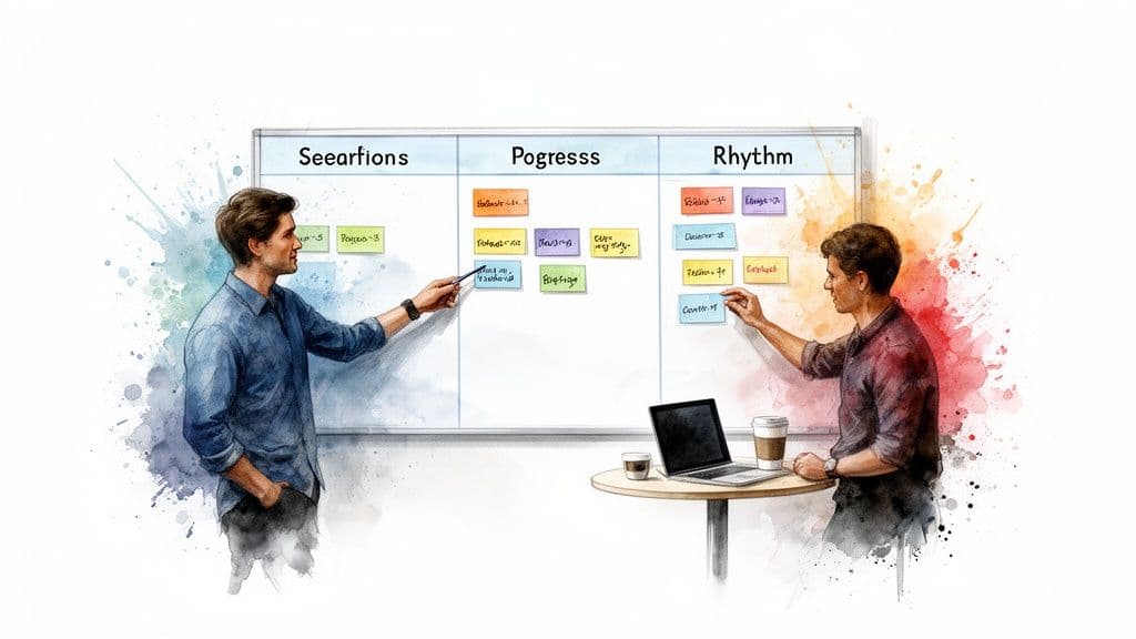 Two men collaborating on a kanban board with sticky notes in a watercolor illustration.