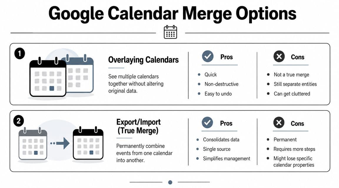 An infographic comparing two Google Calendar methods: overlaying calendars versus the export and import merge process.