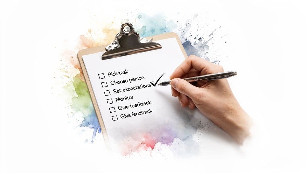 A hand checking 'Set expectations' on a task delegation checklist on a clipboard.