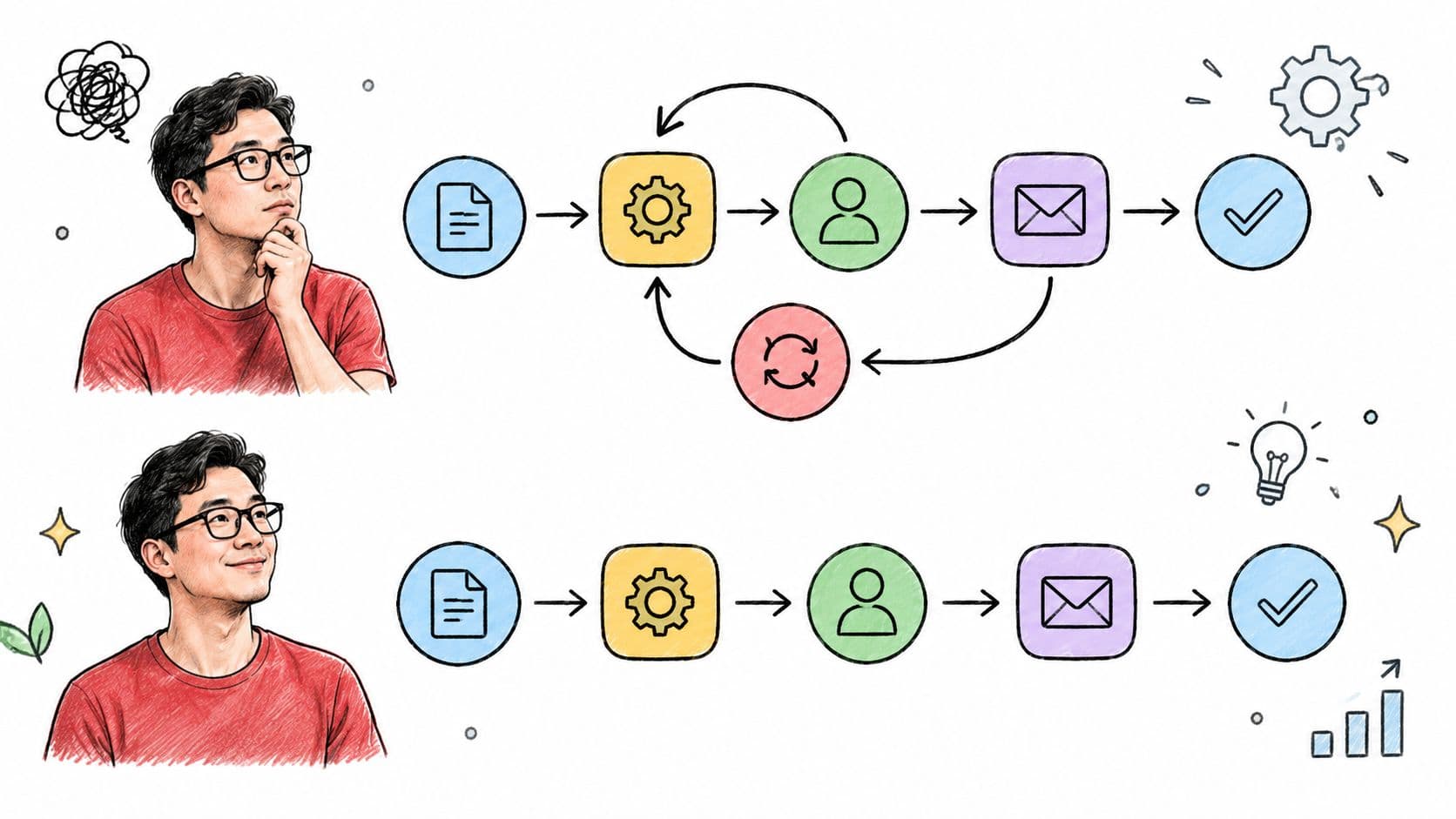A conceptual illustration showing a complex, looping workflow compared to a streamlined, efficient automated process.