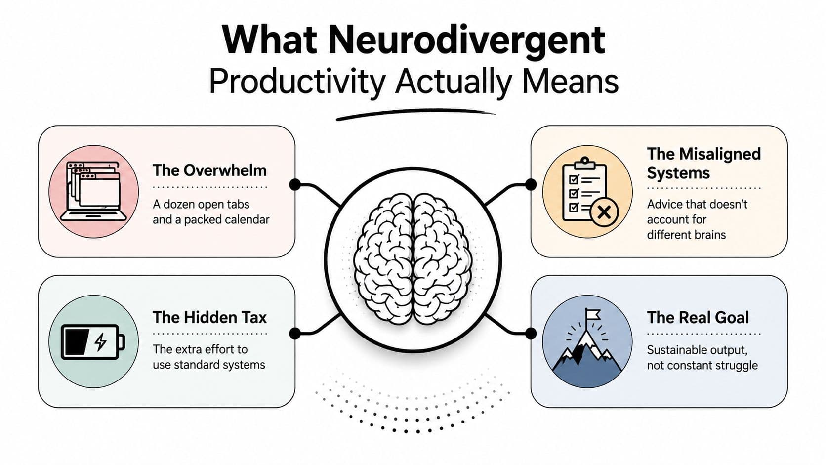 A diagram illustrating the challenges and goals of productivity for neurodivergent individuals, highlighting overwhelm, systemic issues, and sustainability.