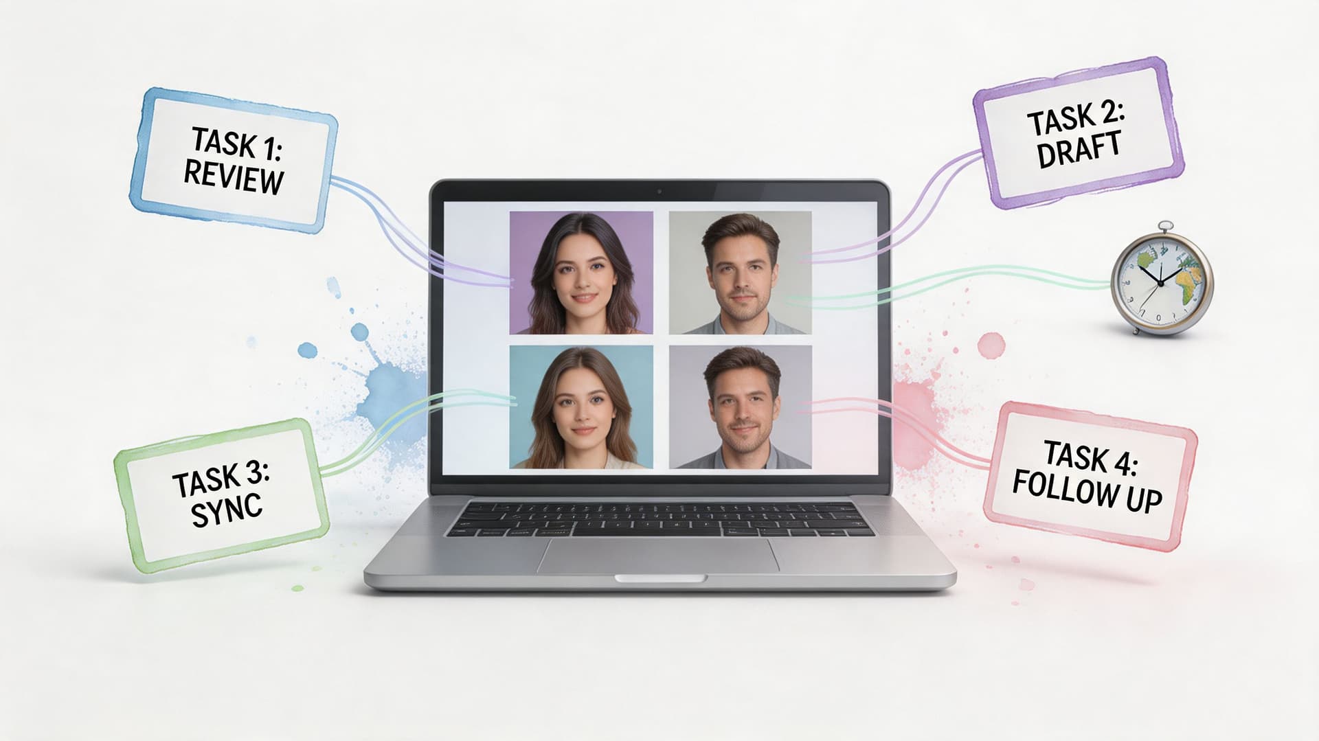 A laptop screen showing a remote meeting with four people connected to four task management boxes.