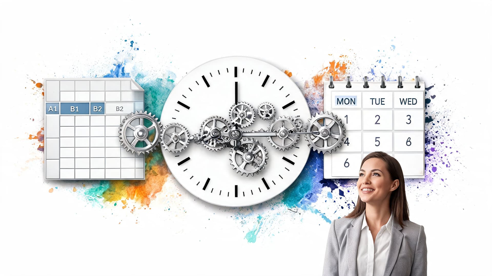 A professional woman looking at icons of a clock, gears, calendar, and spreadsheet representing effective time management.