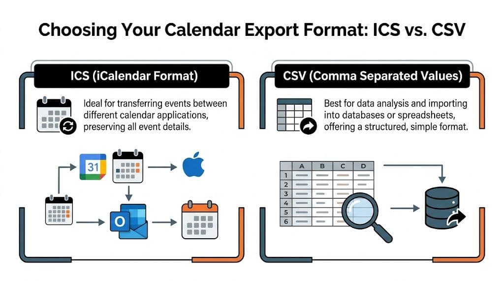 A comparison infographic explaining the differences between ICS and CSV calendar export formats for data management.