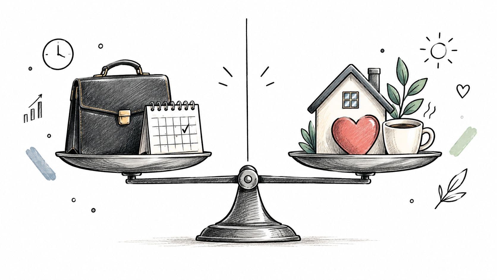 A hand-drawn illustration showing a balance scale weighing career elements against home and personal well-being life factors.