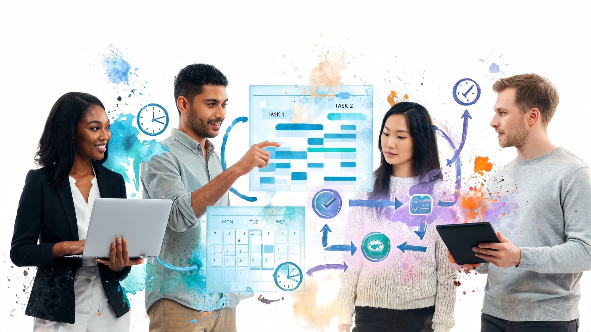 A diverse business team collaborating on project management and employee scheduling using digital data visualization tools.