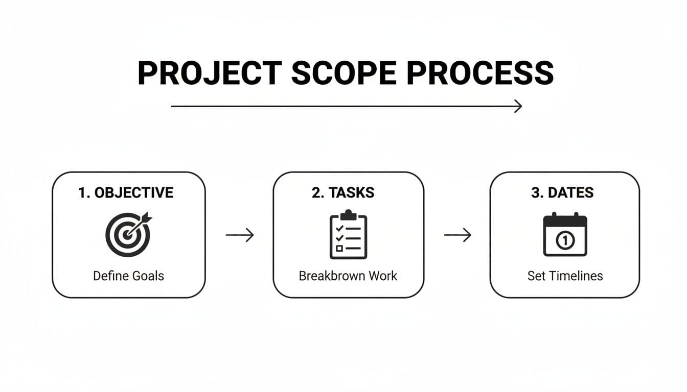 A project scope process flowchart with three steps: Objective (Define Goals), Tasks (Breakdown Work), and Dates (Set Timelines).