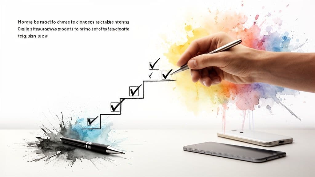 A hand draws checkmarks on a rising diagram, symbolizing progress, with colorful splashes and smartphones.