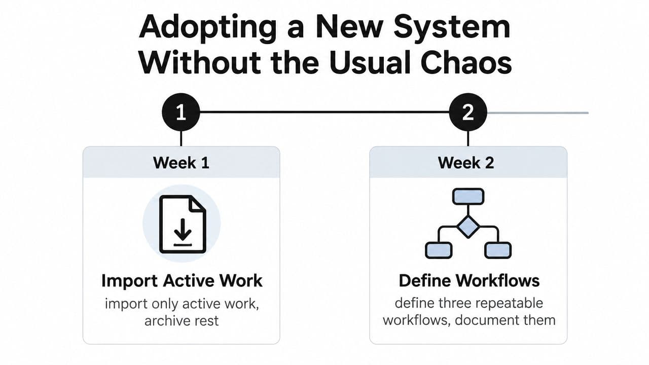 A diagram outlining a two-week plan to adopt a new system by importing work and defining workflows.