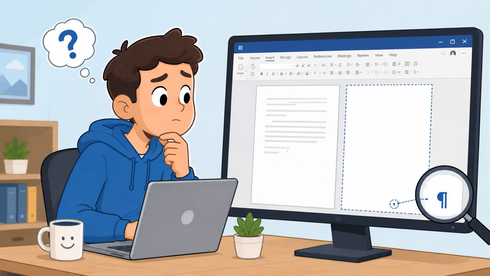 A confused student looking at a document on a computer screen while working on a project.