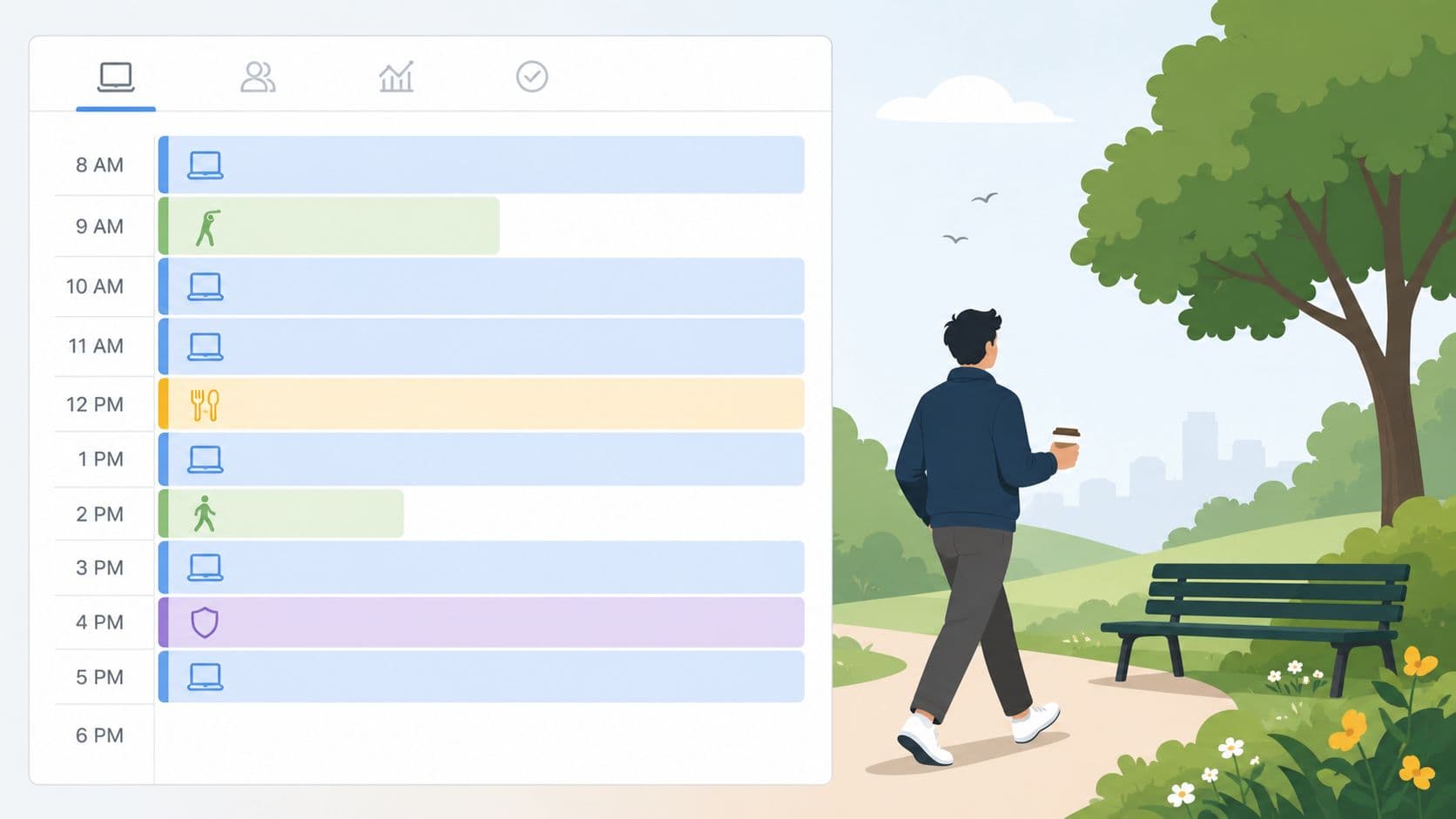 A man walking through a park with a coffee, next to a digital schedule displaying daily tasks.