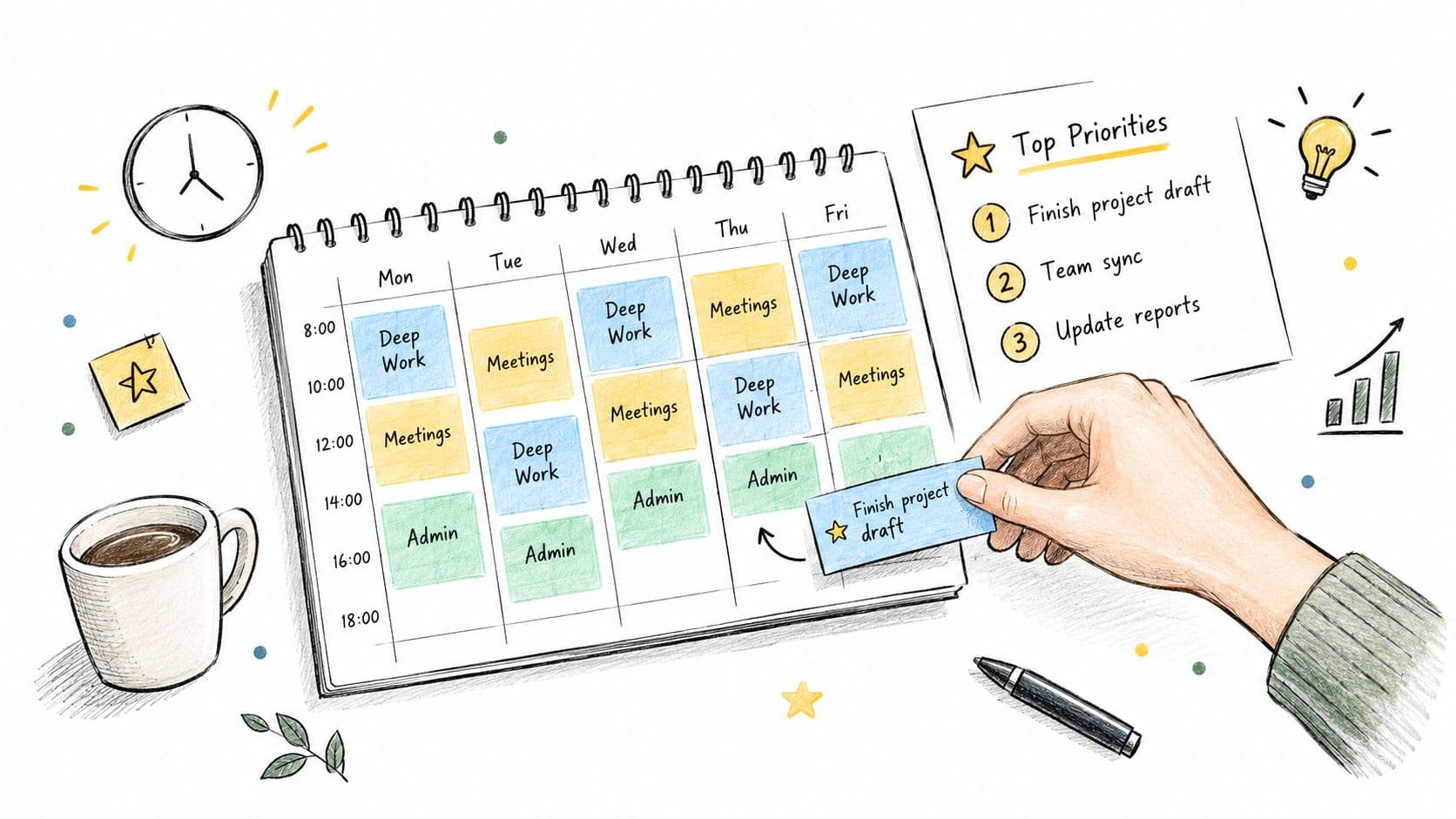 A person planning their work week with a calendar, coffee, and a checklist of top priorities.