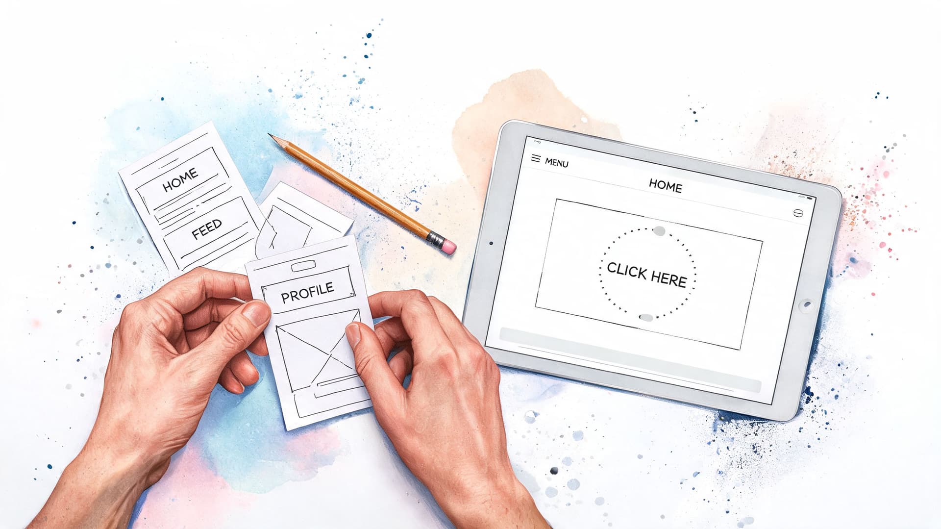 A designer's hands holding paper wireframes next to a tablet displaying a home screen website design interface.