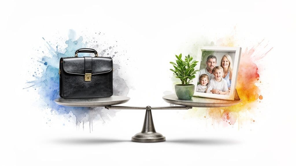 A scale perfectly balances a black briefcase on one side and a family photo with a plant on the other, symbolizing work-life balance.